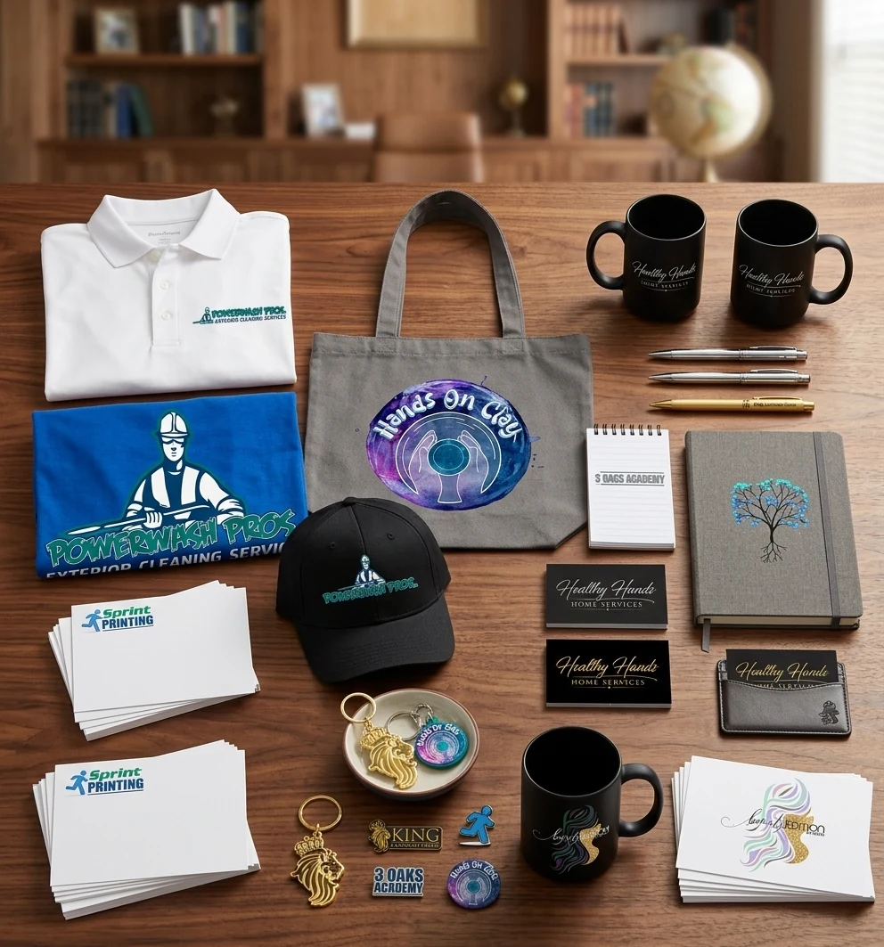 A spread of branded promotional and printed items designed by JWCAA: polo shirts, caps, tote bags, mugs, business cards, notebooks, pens and keychains