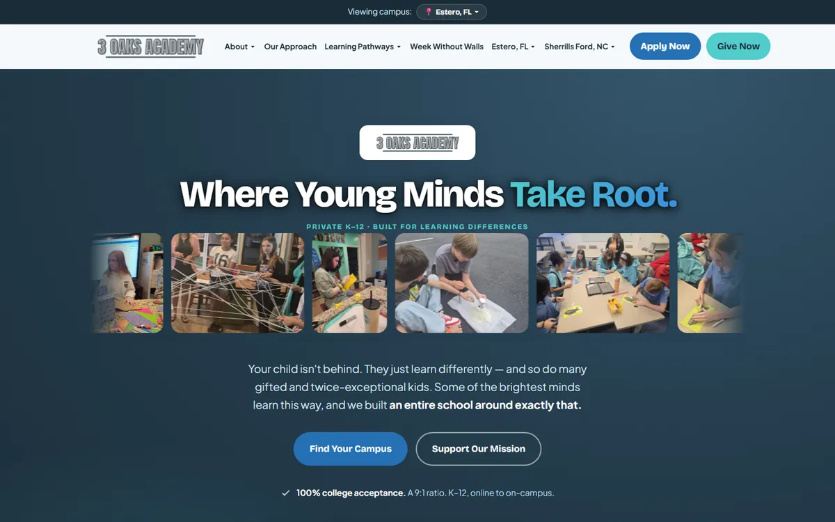 Homepage of a private school website built by JWCAA