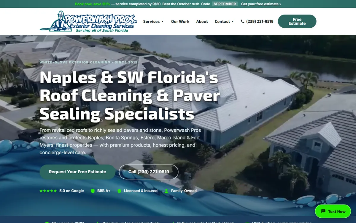 Homepage of a roof cleaning and paver sealing company website built by JWCAA